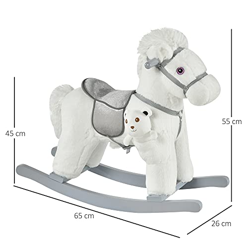 HOMCOM Caballito Balancín para Niños de 18-36 Meses Caballo Mecedora Felpa con Osito de Peluche Sonidos de Relincho y Galope Base de Madera 65x26x55 cm Blanco