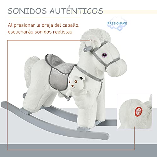 HOMCOM Caballito Balancín para Niños de 18-36 Meses Caballo Mecedora Felpa con Osito de Peluche Sonidos de Relincho y Galope Base de Madera 65x26x55 cm Blanco