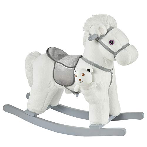 HOMCOM Caballito Balancín para Niños de 18-36 Meses Caballo Mecedora Felpa con Osito de Peluche Sonidos de Relincho y Galope Base de Madera 65x26x55 cm Blanco