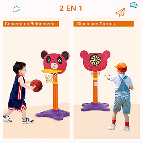 HOMCOM Canasta de Baloncesto Infantil 2 en 1 con Diana Altura Ajustable Panel en Forma de Osito Incluye 2 Pelotas y 6 Dardos Apto para Niños de +3 Años 60x46x100-160 cm Multicolor