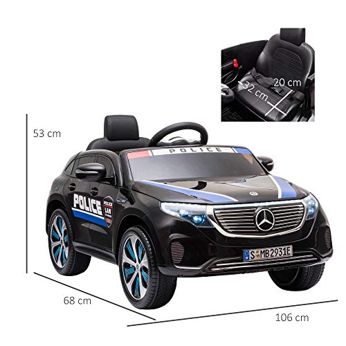 HOMCOM Coche Eléctrico de Policía para Niños Mercedes EQC Batería 12V +3 Años con Mando a Distancia Música Bocina y Faros Doble Apertura 106x68x53 cm Negro