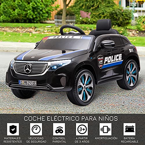 HOMCOM Coche Eléctrico de Policía para Niños Mercedes EQC Batería 12V +3 Años con Mando a Distancia Música Bocina y Faros Doble Apertura 106x68x53 cm Negro