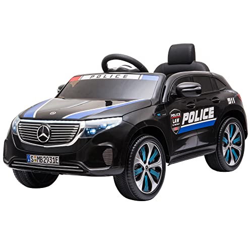 HOMCOM Coche Eléctrico de Policía para Niños Mercedes EQC Batería 12V +3 Años con Mando a Distancia Música Bocina y Faros Doble Apertura 106x68x53 cm Negro