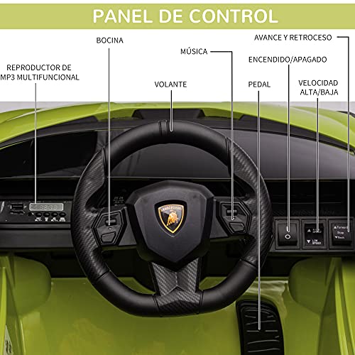 HOMCOM Coche Eléctrico Lamborghini SIAN 12V para Niños de +3 Años con Mando a Distancia Apertura de Puerta Música MP3 USB y Faros 3-8 km/h 108x62x40 cm Verde