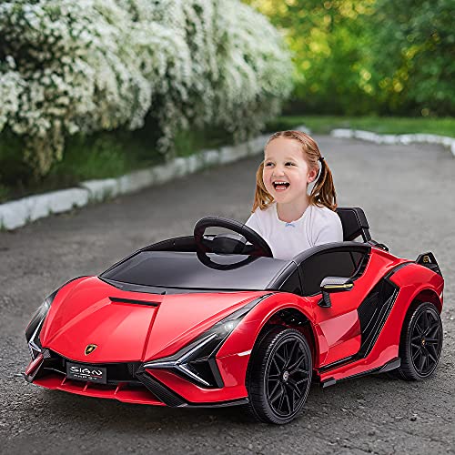 HOMCOM Coche Eléctrico Lamborghini SIAN 12V para Niños de +3 Años con Mando a Distancia Apertura de Puerta Música MP3 USB y Faros 3-8 km/h 108x62x40 cm Rojo