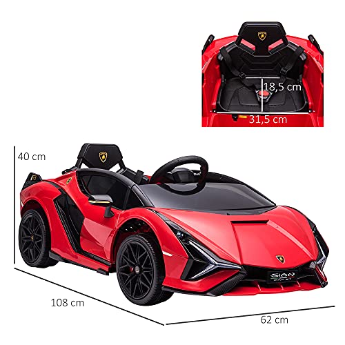 HOMCOM Coche Eléctrico Lamborghini SIAN 12V para Niños de +3 Años con Mando a Distancia Apertura de Puerta Música MP3 USB y Faros 3-8 km/h 108x62x40 cm Rojo