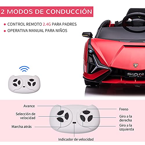 HOMCOM Coche Eléctrico Lamborghini SIAN 12V para Niños de +3 Años con Mando a Distancia Apertura de Puerta Música MP3 USB y Faros 3-8 km/h 108x62x40 cm Rojo