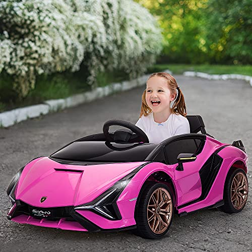 HOMCOM Coche Eléctrico Lamborghini SIAN 12V para Niños de +3 Años con Mando a Distancia Apertura de Puerta Música MP3 USB y Faros 3-8 km/h 108x62x40 cm Rosa