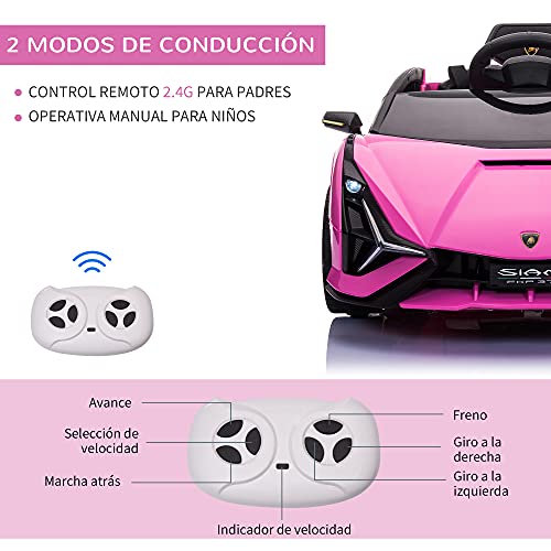 HOMCOM Coche Eléctrico Lamborghini SIAN 12V para Niños de +3 Años con Mando a Distancia Apertura de Puerta Música MP3 USB y Faros 3-8 km/h 108x62x40 cm Rosa