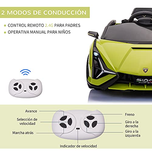 HOMCOM Coche Eléctrico Lamborghini SIAN 12V para Niños de +3 Años con Mando a Distancia Apertura de Puerta Música MP3 USB y Faros 3-8 km/h 108x62x40 cm Verde