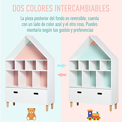 HOMCOM Estantería de Madera Infantil Forma de Casa Librería para Niños con 8 Compartimentos Abiertos y Cajón de 2 Colores 82x30x126 cm Blanco