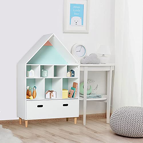 HOMCOM Estantería de Madera Infantil Forma de Casa Librería para Niños con 8 Compartimentos Abiertos y Cajón de 2 Colores 82x30x126 cm Blanco