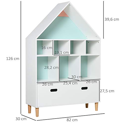 HOMCOM Estantería de Madera Infantil Forma de Casa Librería para Niños con 8 Compartimentos Abiertos y Cajón de 2 Colores 82x30x126 cm Blanco