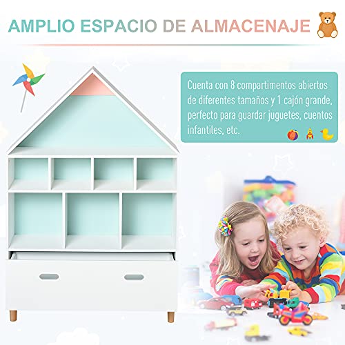 HOMCOM Estantería de Madera Infantil Forma de Casa Librería para Niños con 8 Compartimentos Abiertos y Cajón de 2 Colores 82x30x126 cm Blanco