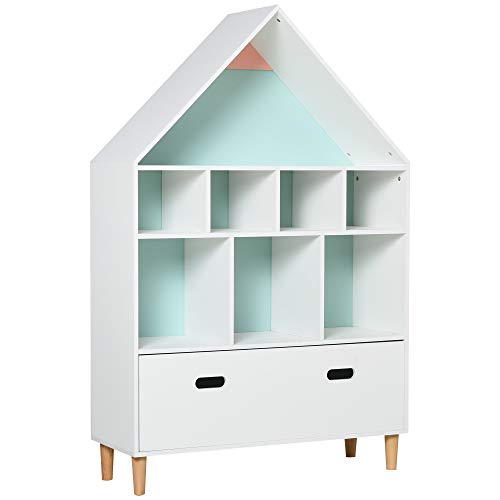 HOMCOM Estantería de Madera Infantil Forma de Casa Librería para Niños con 8 Compartimentos Abiertos y Cajón de 2 Colores 82x30x126 cm Blanco