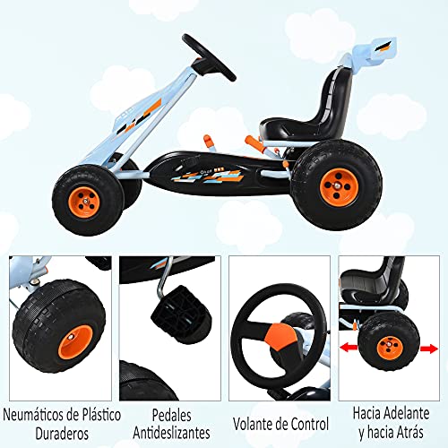 HOMCOM Go-Kart a Pedales para Niños de +3 Años Coche de Pedales con Freno Asiento Ajustable Carga Máx. 35 kg 97x66x59cm Azul