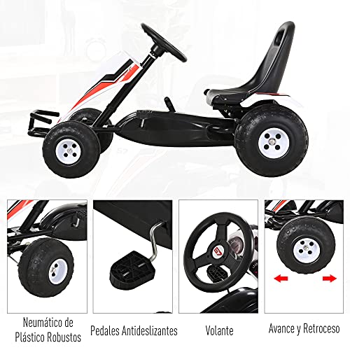 HOMCOM Go Kart a Pedales para Niños de +3 Años Coche de Pedales Infantil con Asiento Ajustable y Freno de Mano 104x66x57 cm Blanco y Negro