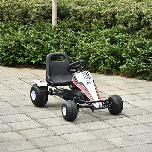 HOMCOM Go Kart a Pedales para Niños de +3 Años Coche de Pedales Infantil con Asiento Ajustable y Freno de Mano 104x66x57 cm Blanco y Negro