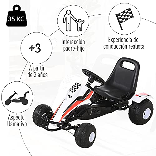 HOMCOM Go Kart a Pedales para Niños de +3 Años Coche de Pedales Infantil con Asiento Ajustable y Freno de Mano 104x66x57 cm Blanco y Negro