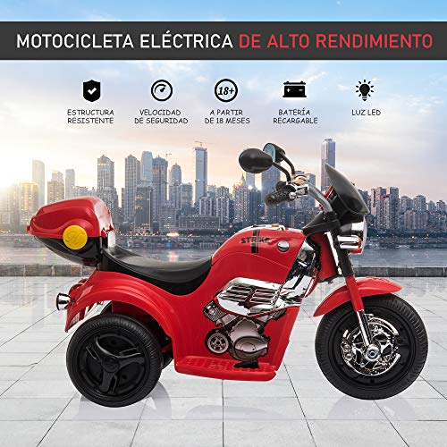 HOMCOM Moto Triciclo Eléctrico para Niños de +18 Meses Moto Eléctrica Infantil con 3 Ruedas Batería 6V con Botón de Música Bocina Luces y Maletero 87x46x54 cm Rojo