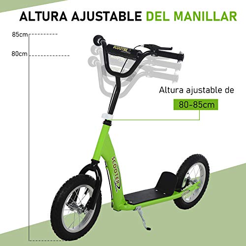 HOMCOM Patinete para Niños Mayores de 5 Años Scooter 2 Neumáticos Inflables de Caucho con Frenos Manillar Ajustable Pedal Antideslizante 117x52x80-85 cm Verde