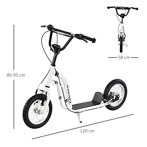 HOMCOM Patinete para Niños Mayores de 5 Años Scooter 2 Neumáticos Inflables de Caucho con Frenos Manillar Ajustable Pedal Antideslizante 120x58x85-95 cm Blanco