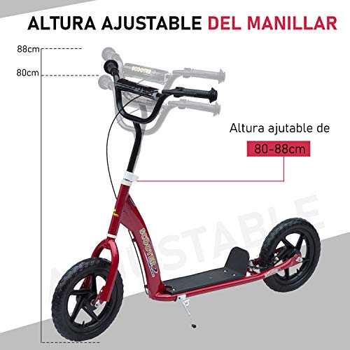 HOMCOM Patinete Scooter 2 Ruedas 12 Pulgadas Monopatín para Niños y Adultos Manillar Ajustable con Freno y Caballete Carga 100kg 120x52x80-88cm+ Acero