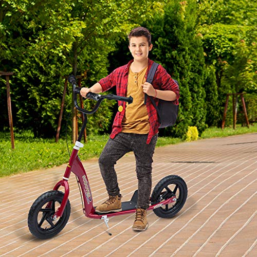 HOMCOM Patinete Scooter 2 Ruedas 12 Pulgadas Monopatín para Niños y Adultos Manillar Ajustable con Freno y Caballete Carga 100kg 120x52x80-88cm+ Acero