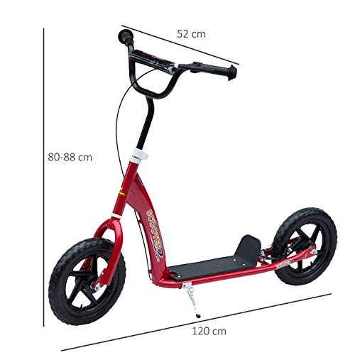 HOMCOM Patinete Scooter 2 Ruedas 12 Pulgadas Monopatín para Niños y Adultos Manillar Ajustable con Freno y Caballete Carga 100kg 120x52x80-88cm+ Acero