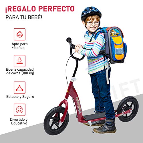 HOMCOM Patinete Scooter 2 Ruedas 12 Pulgadas Monopatín para Niños y Adultos Manillar Ajustable con Freno y Caballete Carga 100kg 120x52x80-88cm+ Acero