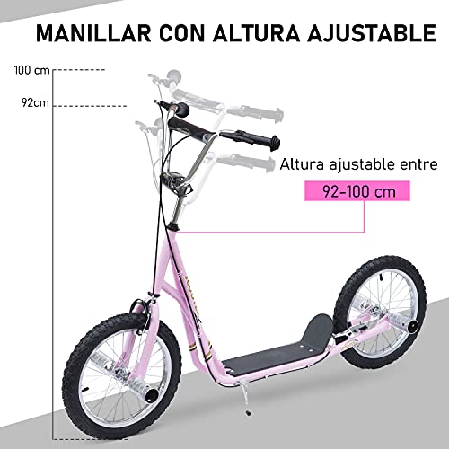 HOMCOM Patinete Scooter para Niños de +5 Años con Neumáticos Inflables Grandes de 16 Pulgadas con Frenos y Manillar Ajustable en Altura 143x58x92-100 cm Rosa