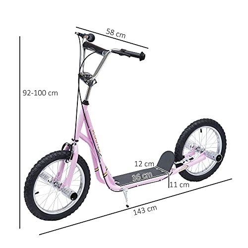 HOMCOM Patinete Scooter para Niños de +5 Años con Neumáticos Inflables Grandes de 16 Pulgadas con Frenos y Manillar Ajustable en Altura 143x58x92-100 cm Rosa