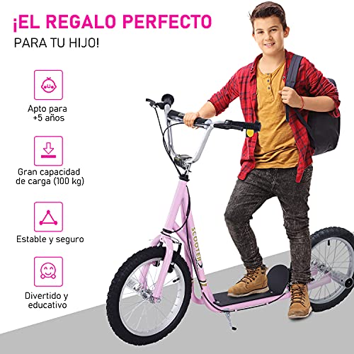 HOMCOM Patinete Scooter para Niños de +5 Años con Neumáticos Inflables Grandes de 16 Pulgadas con Frenos y Manillar Ajustable en Altura 143x58x92-100 cm Rosa