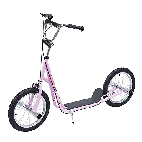 HOMCOM Patinete Scooter para Niños de +5 Años con Neumáticos Inflables Grandes de 16 Pulgadas con Frenos y Manillar Ajustable en Altura 143x58x92-100 cm Rosa