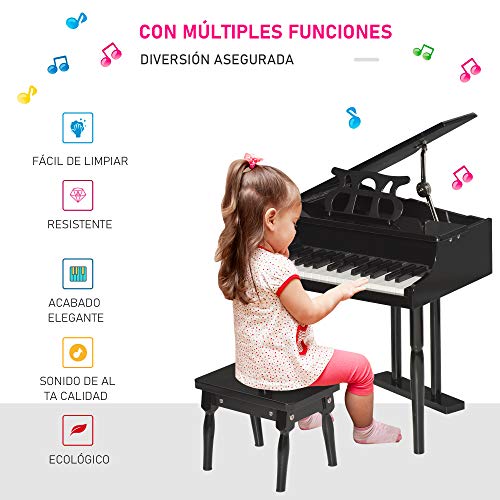 HOMCOM Piano de Cola Infantil con 30 Teclas Taburete y Atril de Partituras Piano para Niños de MDF Instrumento Musical Didáctico 52x50x49 cm Negro