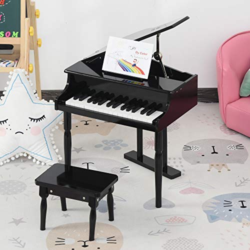 HOMCOM Piano de Cola Infantil con 30 Teclas Taburete y Atril de Partituras Piano para Niños de MDF Instrumento Musical Didáctico 52x50x49 cm Negro