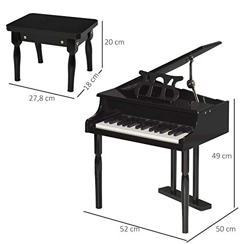 HOMCOM Piano de Cola Infantil con 30 Teclas Taburete y Atril de Partituras Piano para Niños de MDF Instrumento Musical Didáctico 52x50x49 cm Negro