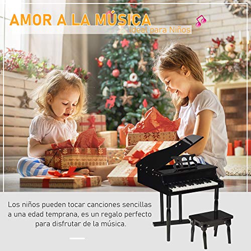 HOMCOM Piano de Cola Infantil con 30 Teclas Taburete y Atril de Partituras Piano para Niños de MDF Instrumento Musical Didáctico 52x50x49 cm Negro