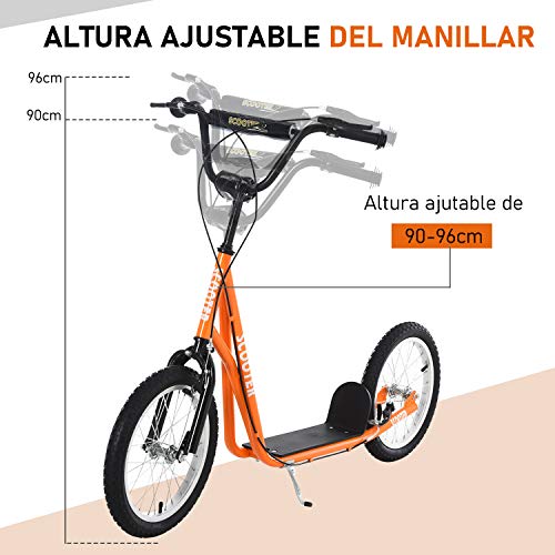 HOMCOM Scooter Patinete para Niños Mayores de 5 Años con Manillar Ajustable en Altura 2 Neumáticos de Caucho Inflable con Doble Freno Carga 100 kg 139x58x90-96 cm Naranja