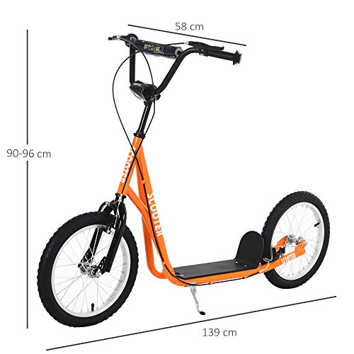 HOMCOM Scooter Patinete para Niños Mayores de 5 Años con Manillar Ajustable en Altura 2 Neumáticos de Caucho Inflable con Doble Freno Carga 100 kg 139x58x90-96 cm Naranja