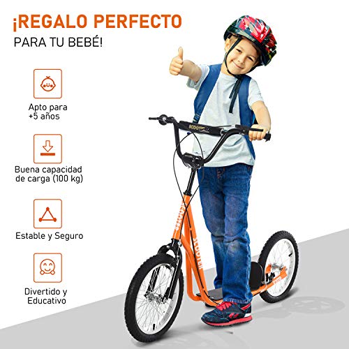 HOMCOM Scooter Patinete para Niños Mayores de 5 Años con Manillar Ajustable en Altura 2 Neumáticos de Caucho Inflable con Doble Freno Carga 100 kg 139x58x90-96 cm Naranja