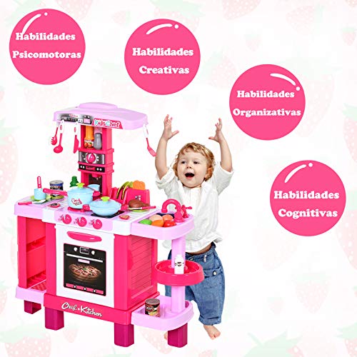 HOMCOM Set de Juguetes de Cocina para Niños Mayores de 3 Años Juegos de rol Temprano Educativo con 38 Accesorios Incluidos 78x29x87 cm Rosa