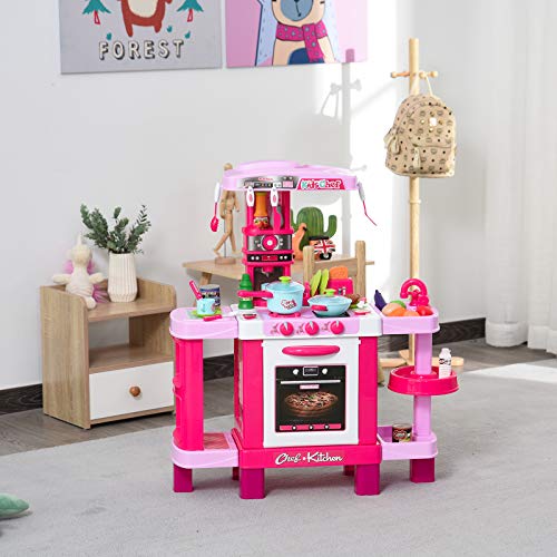 HOMCOM Set de Juguetes de Cocina para Niños Mayores de 3 Años Juegos de rol Temprano Educativo con 38 Accesorios Incluidos 78x29x87 cm Rosa