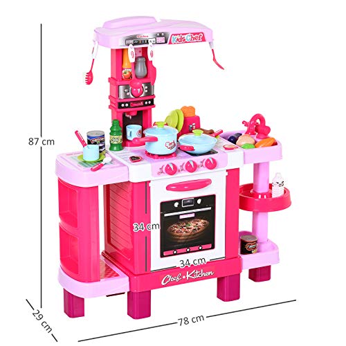 HOMCOM Set de Juguetes de Cocina para Niños Mayores de 3 Años Juegos de rol Temprano Educativo con 38 Accesorios Incluidos 78x29x87 cm Rosa