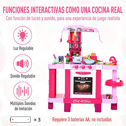 HOMCOM Set de Juguetes de Cocina para Niños Mayores de 3 Años Juegos de rol Temprano Educativo con 38 Accesorios Incluidos 78x29x87 cm Rosa