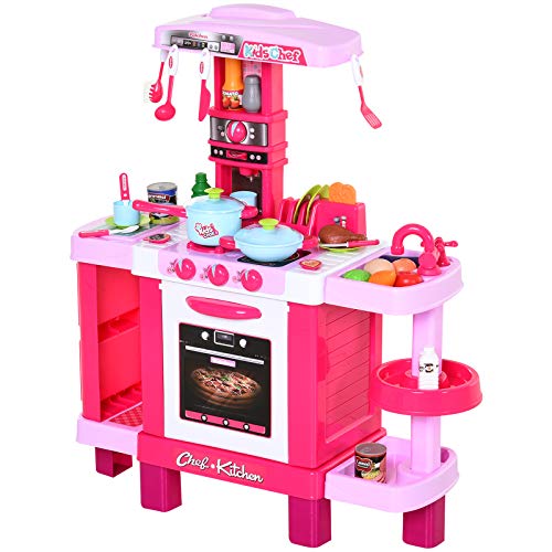 HOMCOM Set de Juguetes de Cocina para Niños Mayores de 3 Años Juegos de rol Temprano Educativo con 38 Accesorios Incluidos 78x29x87 cm Rosa