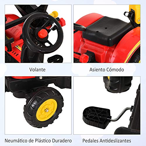 HOMCOM Tractor a Pedales con Remolque Excavador con Pala Frontal Juguete de Conducción para Mayores de 3 Años Dirección y Palas Fáciles de Controlar Soporta hasta 35 kg 179x42x59 cm Rojo