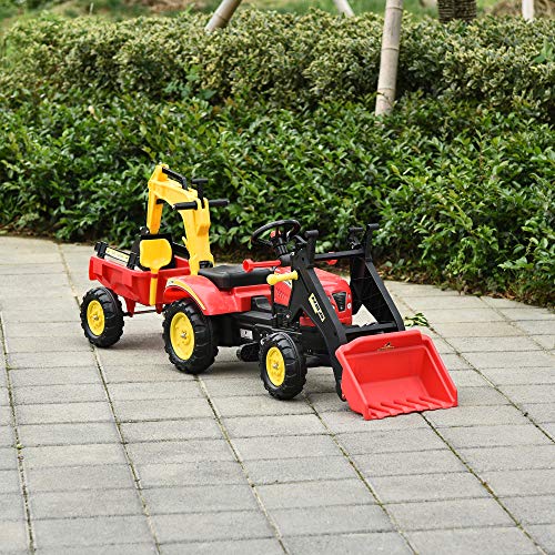 HOMCOM Tractor a Pedales con Remolque Excavador con Pala Frontal Juguete de Conducción para Mayores de 3 Años Dirección y Palas Fáciles de Controlar Soporta hasta 35 kg 179x42x59 cm Rojo