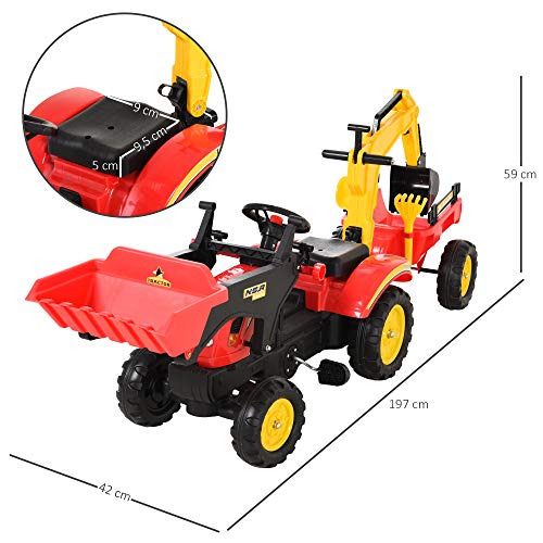 HOMCOM Tractor a Pedales con Remolque Excavador con Pala Frontal Juguete de Conducción para Mayores de 3 Años Dirección y Palas Fáciles de Controlar Soporta hasta 35 kg 179x42x59 cm Rojo