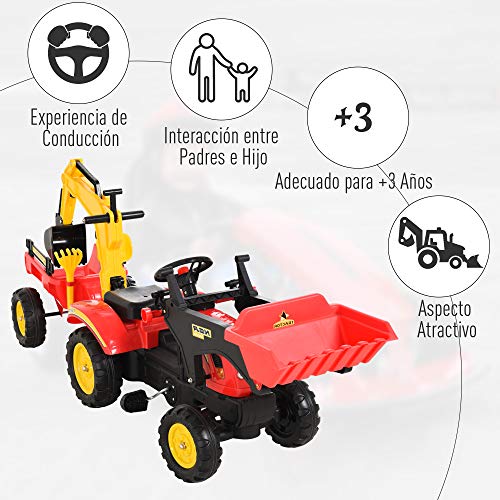 HOMCOM Tractor a Pedales con Remolque Excavador con Pala Frontal Juguete de Conducción para Mayores de 3 Años Dirección y Palas Fáciles de Controlar Soporta hasta 35 kg 179x42x59 cm Rojo